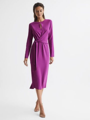 Reiss Valentina Tie Waist Bodycon Midi Dress Purple