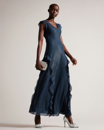 Ted Baker Laurae Bias Cut Maxi Dress With Ruffle Detail blue