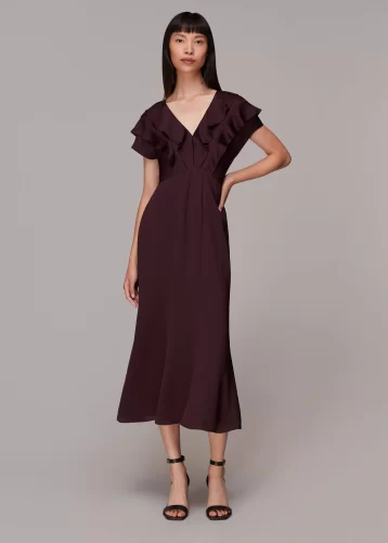 Whistles Adeline Frill Midi Bridesmaid Dress Aubergine