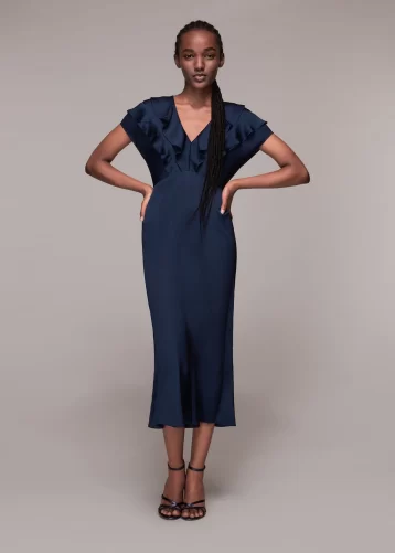 Whistles Adeline Frill Midi Bridesmaid Dress Navy Blue