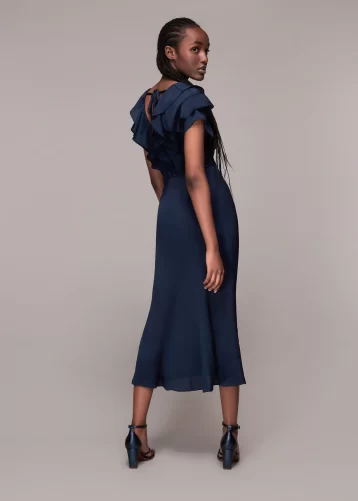 Whistles Adeline Frill Midi Bridesmaid Dress Navy Blue