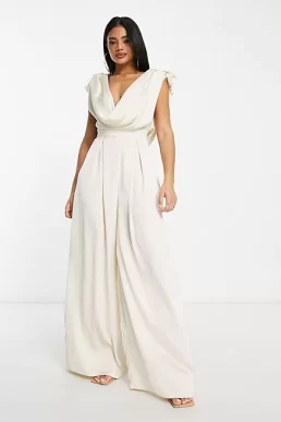 ASOS LUXE satin corsage plunge neck wide leg jumpsuit in champagne