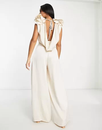 ASOS LUXE satin corsage plunge neck wide leg jumpsuit in champagne