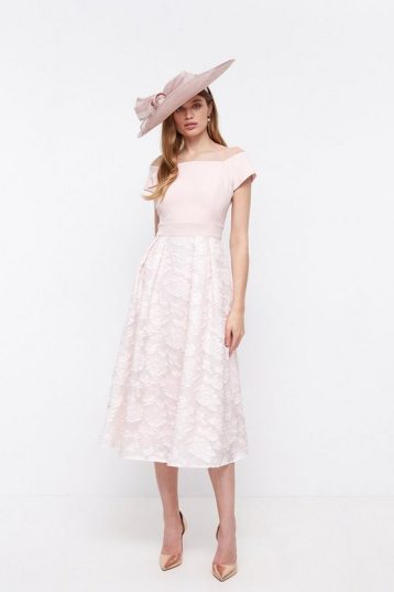 Coast Bardot Clipped Jacquard Midi Dress Light Pink Blush