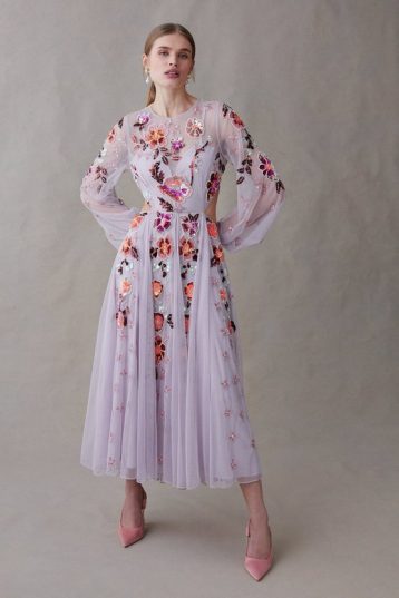 Coast Balloon Sleeve Open Back Floral Embellished Midi Dress lilac Multi