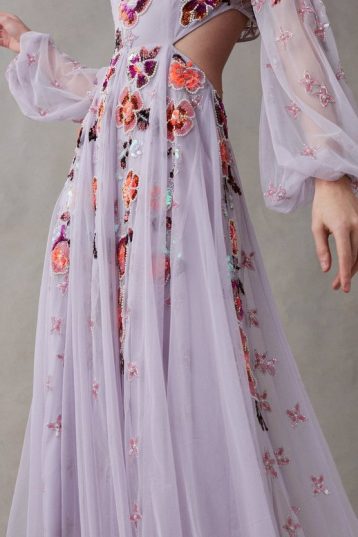 Coast Balloon Sleeve Open Back Floral Embellished Midi Dress lilac Multi