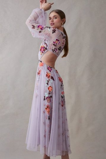 Coast Balloon Sleeve Open Back Floral Embellished Midi Dress lilac Multi