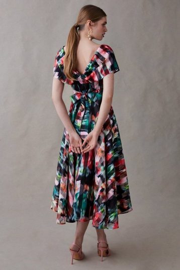 Coast Bardot Midi Dress In Organza With Tie Waist Black Multi