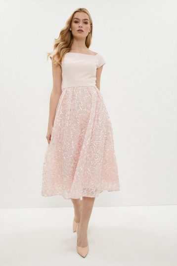 Coast Bardot Ribbon Embroidered Midi Dress Blush Light Pink