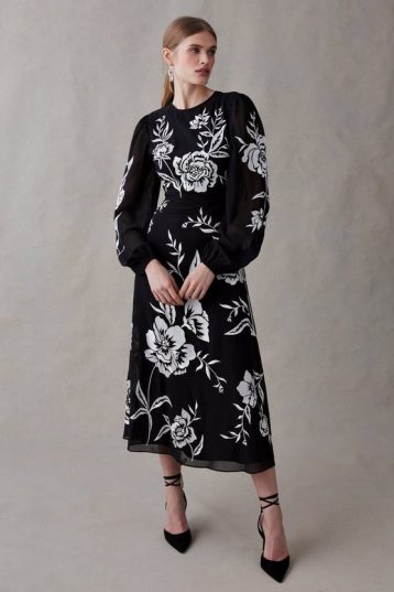 Coast Blooming Marigold Embroidered Midi Dress, Black/White