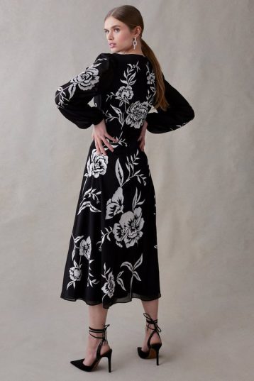 Coast Blooming Marigold Embroidered Midi Dress Black White