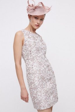 Coast Jacquard Midi Embellished Shift Dress Ivory Gold