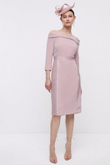 Coast Midi Bardot Pencil Dress With Ribbon Trim Blush Pink