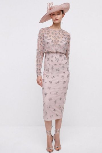 Coast Midi Dress With Embellishment & Long Sleeves Blush Pink