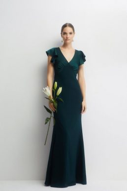 Coast Open Ruffle Back V Neck Satin Bridesmaids Dress Green