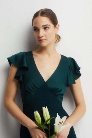 Coast Open Ruffle Back V Neck Satin Bridesmaids Dress Green