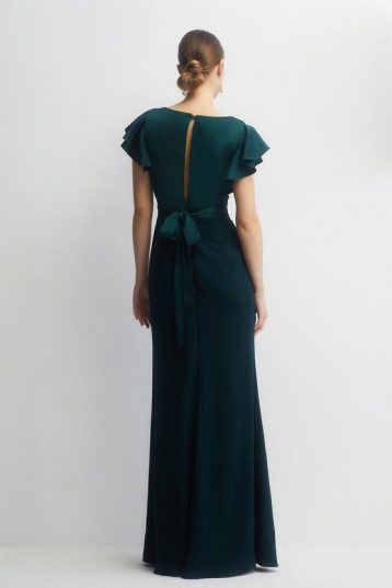 Coast Open Ruffle Back V Neck Satin Bridesmaids Dress Green