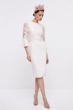 Coast Pencil Dress With Satin Lace Bodice & Flare Cuff Ivory