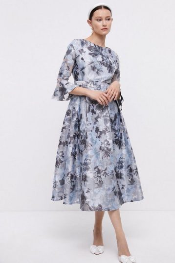 Coast Premium Belted Organza Jacquard Midi Dress Grey Multi