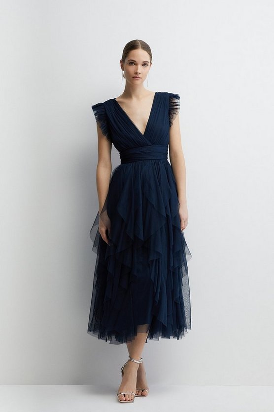 Coast Ruffled Skirt Mesh Bridesmaids Midi Dress Navy Blue