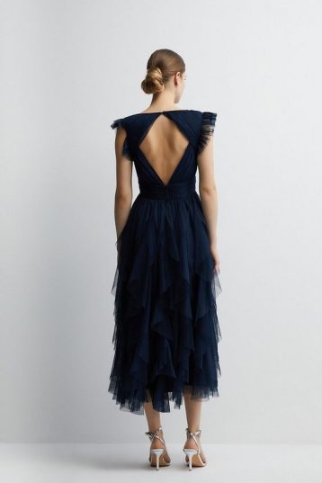 Coast Ruffled Skirt Mesh Bridesmaids Midi Dress Navy Blue