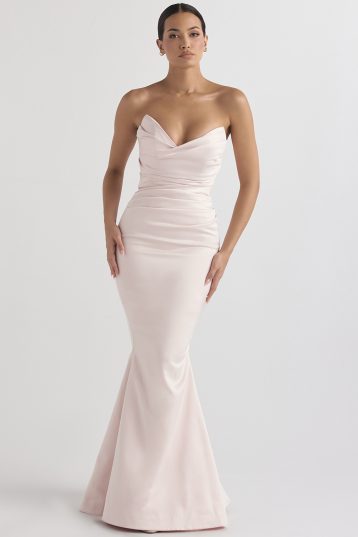 HOUSE OF CB Fleur sweetheart-neckline fishtail-hem woven maxi dress, Blush Pink