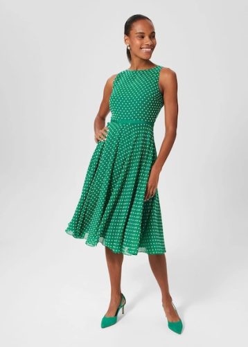 Hobbs Della Spot Fit and Flare Dress Green White