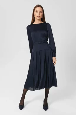 Hobbs Isabella Satin Pleated Dress navy Blue