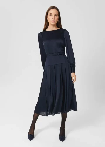 Hobbs Isabella Satin Pleated Dress navy Blue