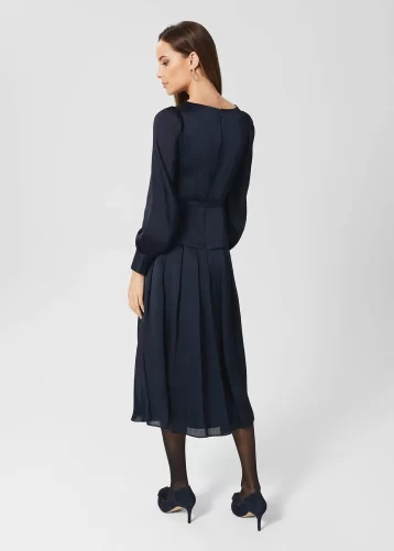 Hobbs Isabella Satin Pleated Dress navy Blue