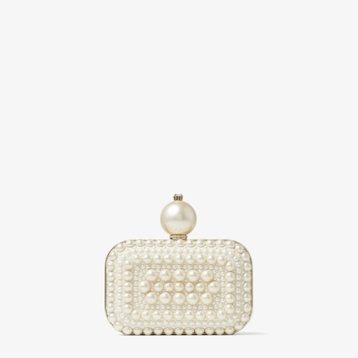 Jimmy Choo Micro Cloud White Suede Clutch Bag with All-Over Pearl Embellishment