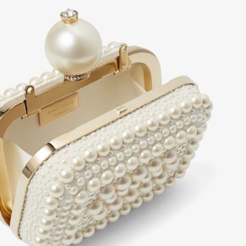 Jimmy Choo Micro Cloud White Suede Clutch Bag with All-Over Pearl Embellishment