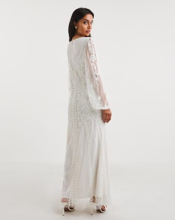 Joanna Hope Beaded Bridal Sheer Sleeve Maxi Dress Ivory