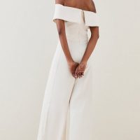 Karen Millen Tailored Bardot Wide Leg Jumpsuit Cream