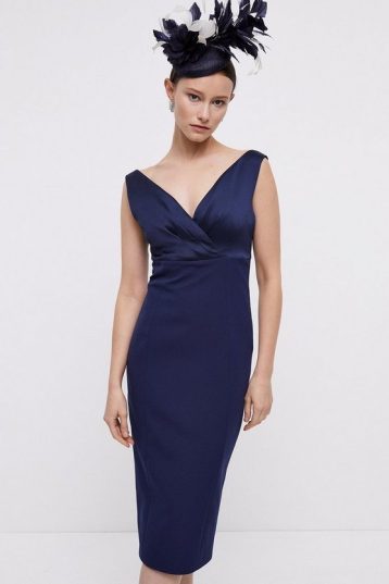 Coast Satin Top Sweetheart Neck Pencil Dress Navy