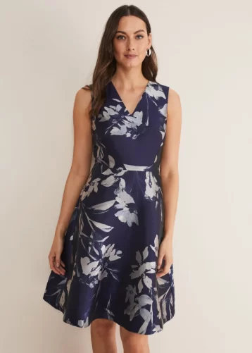 Phase Eight Cassy Floral Jacquard Dress Navy Silver