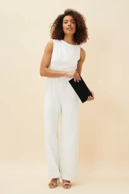 ASOS LUXE satin corsage plunge neck wide leg jumpsuit in champagne