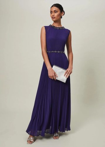 Phase Eight Louisa Pleat Beaded Maxi Dress Violet Purple