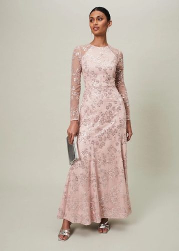 Phase Eight Natalya Sequin Floral Maxi Dress Pink