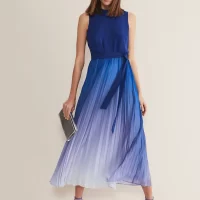 Phase Eight Petite Simara Pleated Midi Dress, Latte/Navy