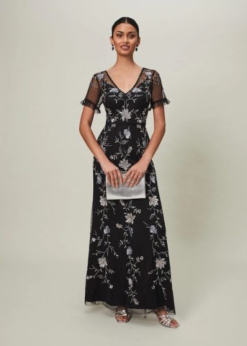 Phase Eight Sierra Sequin Floral Maxi Dress Black Silver