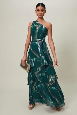 Phase Eight Sonia One Shoulder Silk Maxi Dress Dark Green Multi