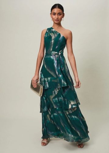 Phase Eight Sonia One Shoulder Silk Maxi Dress Dark Green Multi