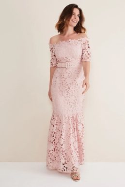 Phase Eight Tallulla Lace Bardot Maxi Dress Petal Pink Blush