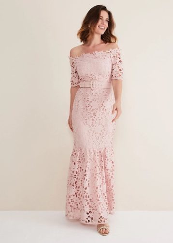 Phase Eight Tallulla Lace Bardot Maxi Dress Petal Pink Blush