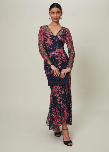 Phase Eight Trisha Embroidered Sleeve Maxi Dress Black Pink