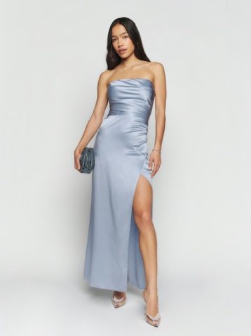 Reformation Barrow Strapless Silk Maxi Dress Mineral Blue