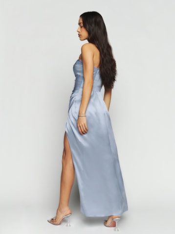 Reformation Barrow Strapless Silk Maxi Dress Mineral Blue