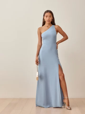 Reformation Evelyn One Shoulder Maxi Dress Mineral Blue