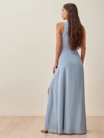 Reformation Evelyn One Shoulder Maxi Dress Mineral Blue